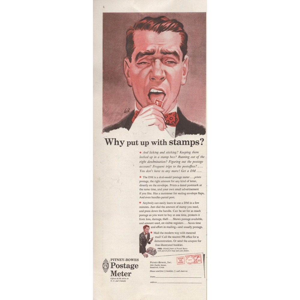 1955 Pitney Bowes Postage Meter Vintage Print Ad Mid Century Modern Office Decor